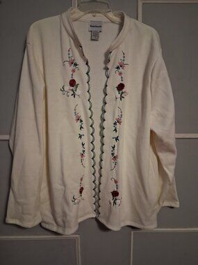 VTG Bon Worth Embroidered Embellished Flowers Cardigan Size L Open Front Granny